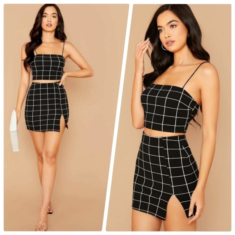 SHEIN Plaid 2 Set Crop Set & Skirt Large